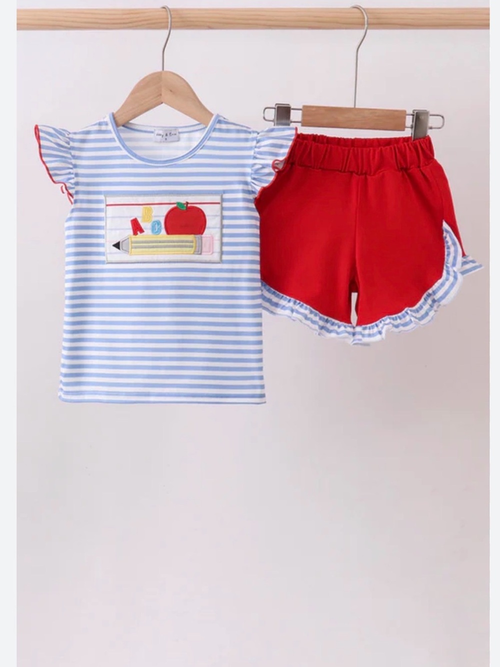 Striped Blue & White Top with Red Ruffle Shorts Set